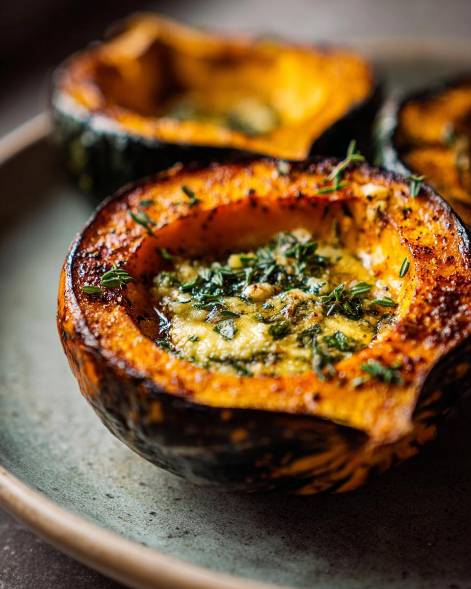 Close-up of roasted acorn squash halves filled with herb butter and fresh thyme.