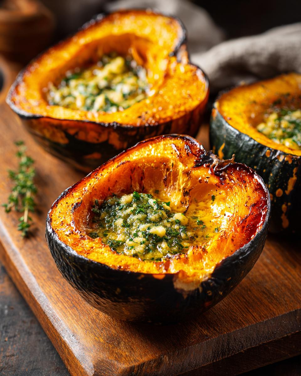 Close-up of roasted acorn squash halves filled with herb butter.