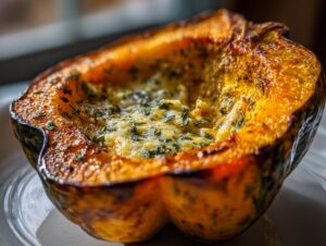 Close-up of a roasted acorn squash half filled with melted herb butter and fresh herbs.