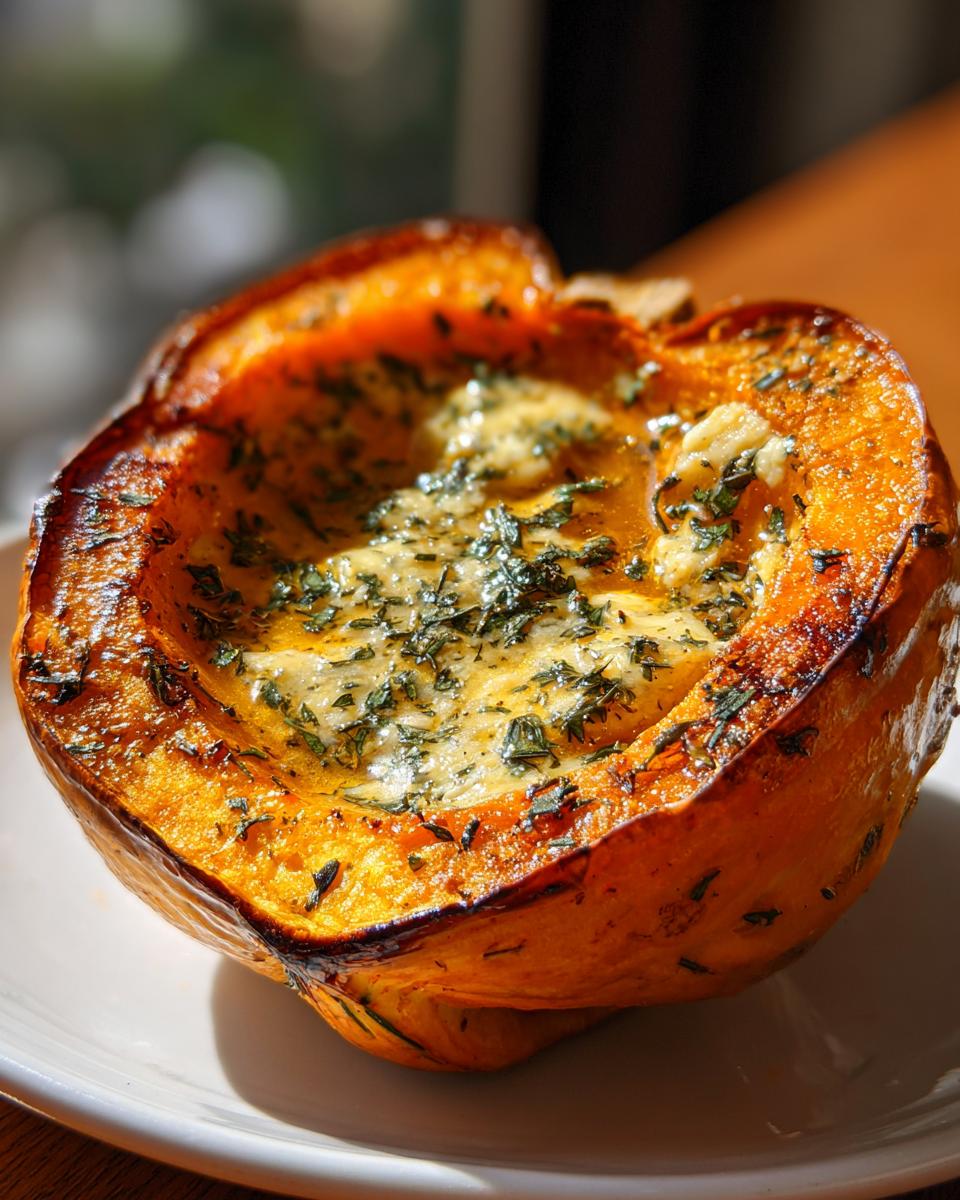 Close-up of a roasted acorn squash half filled with herb butter and herbs.