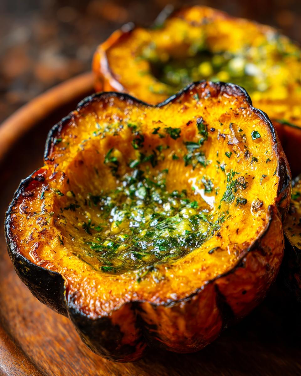 Close-up of a roasted acorn squash half filled with herb butter, showing its bright orange flesh and caramelized edges.