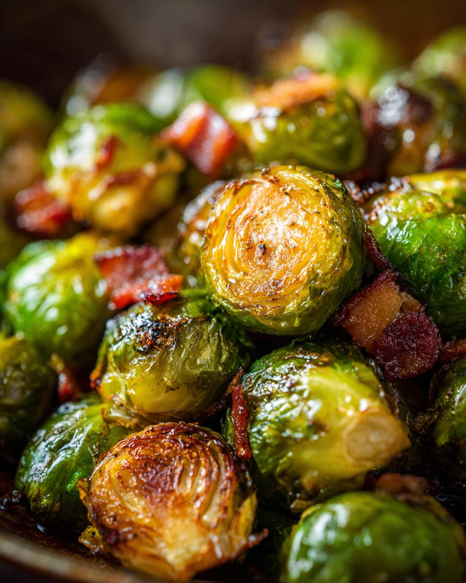 Close-up of perfectly roasted Brussels sprouts with crispy bacon pieces mixed in.