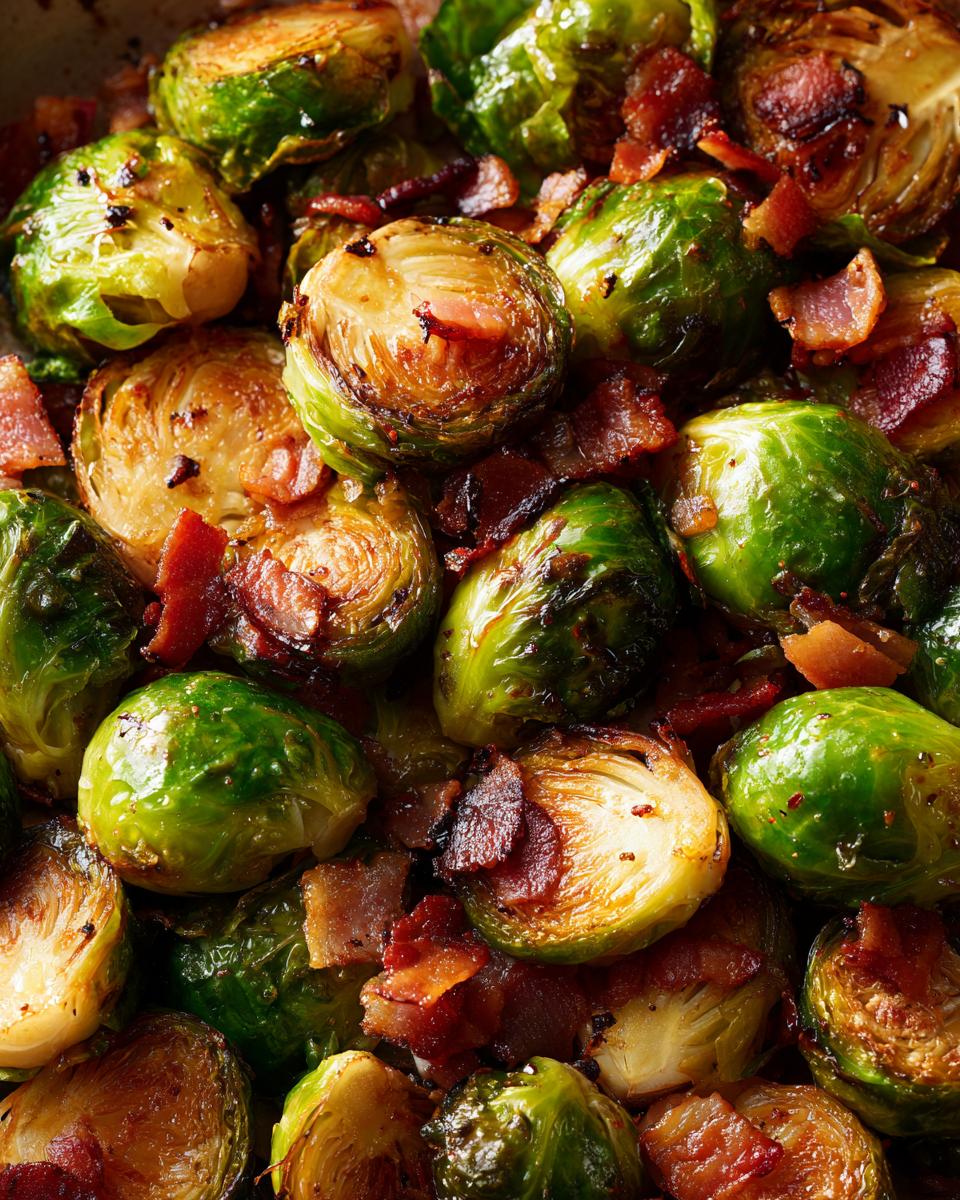 Close-up of perfectly roasted Brussels sprouts with crispy bacon pieces scattered throughout.