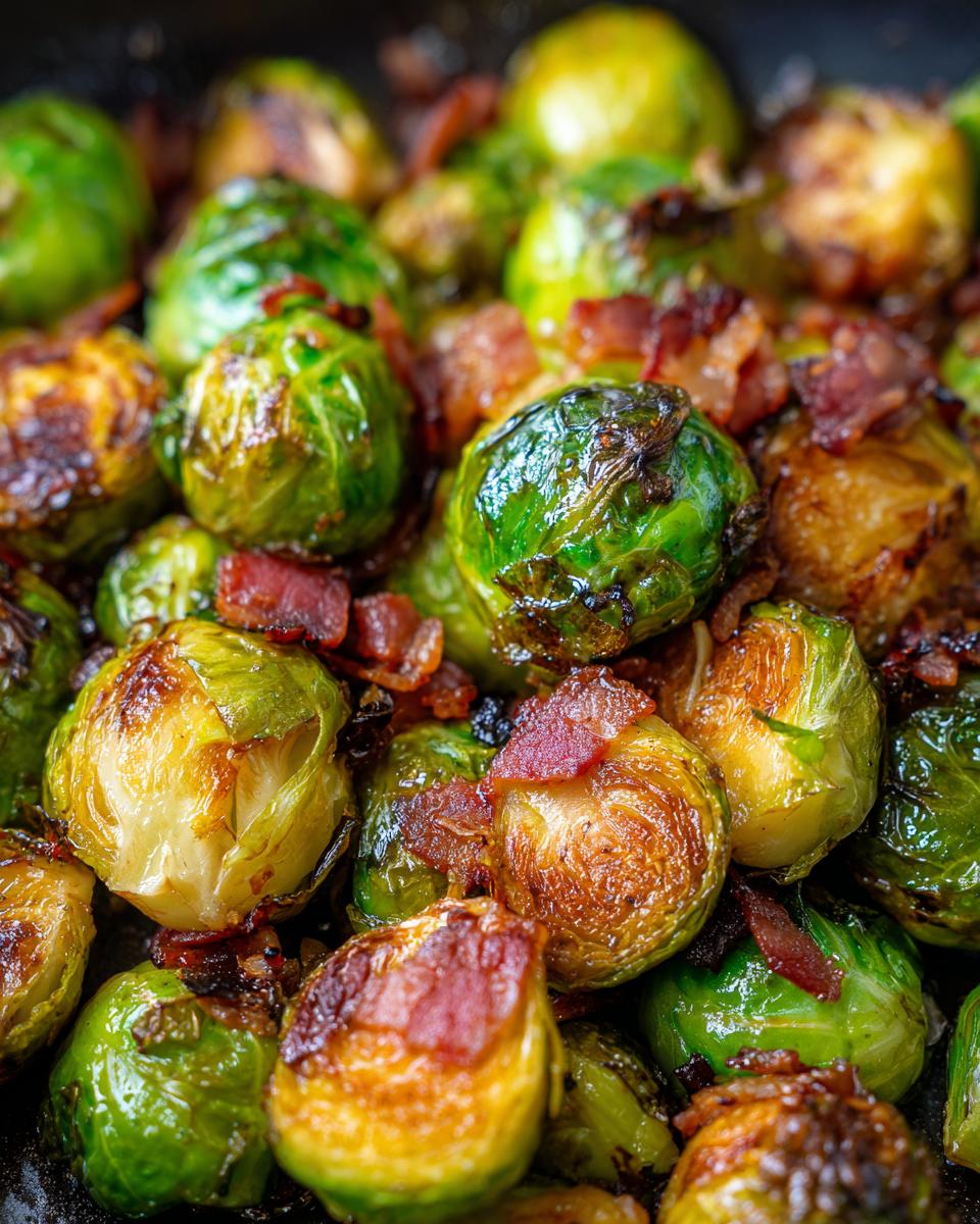 Close-up of perfectly roasted Brussels sprouts with crispy bacon pieces scattered throughout.