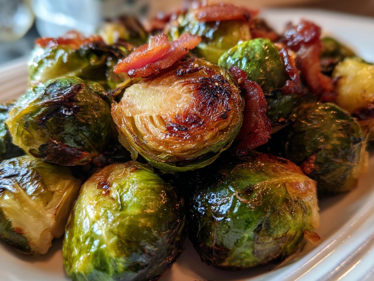 Close-up of perfectly roasted Brussels sprouts with crispy bacon pieces scattered throughout.