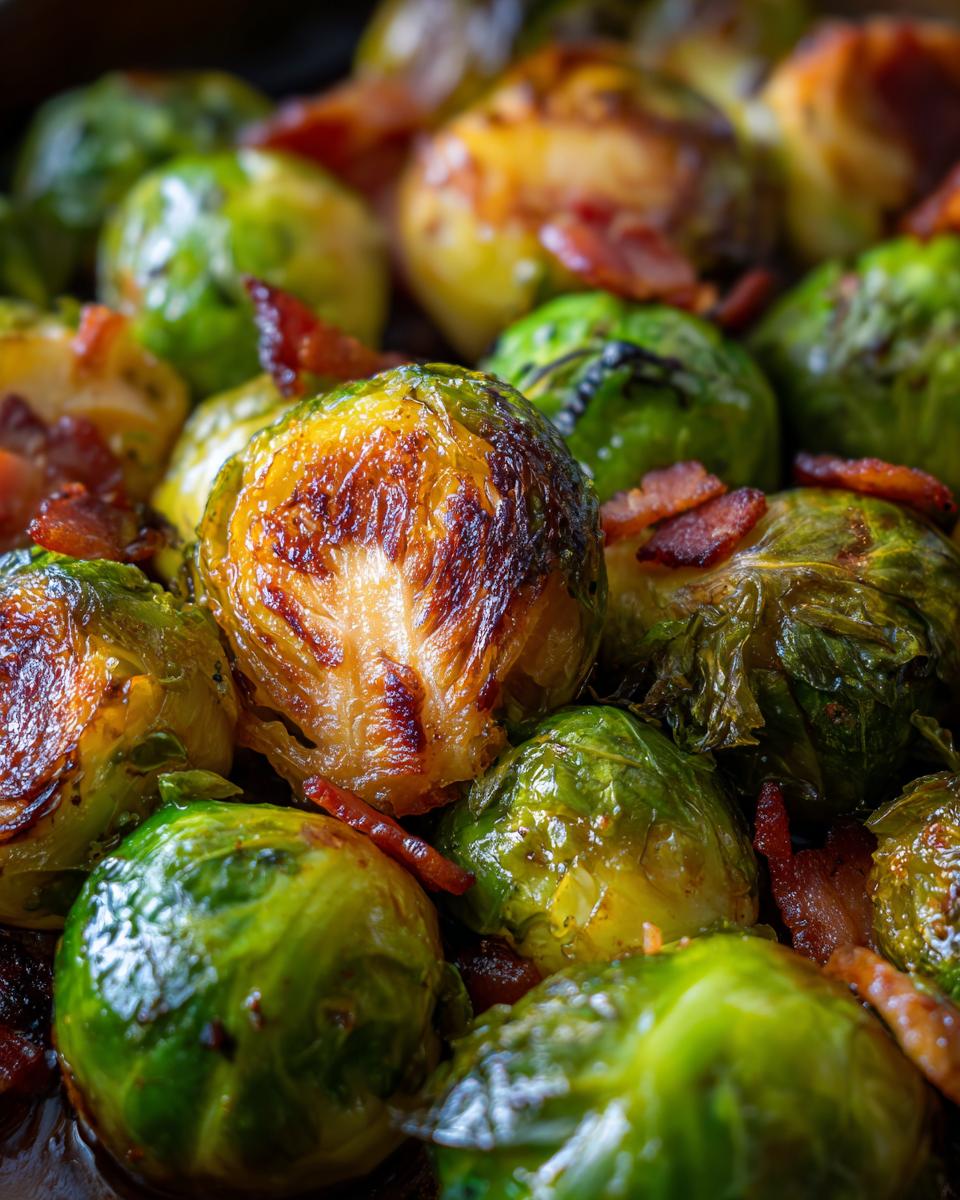 Close-up of perfectly roasted Brussels sprouts with crispy bacon pieces scattered throughout.
