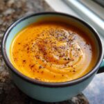 A close-up of a bowl of creamy roasted butternut squash soup, seasoned with black pepper.