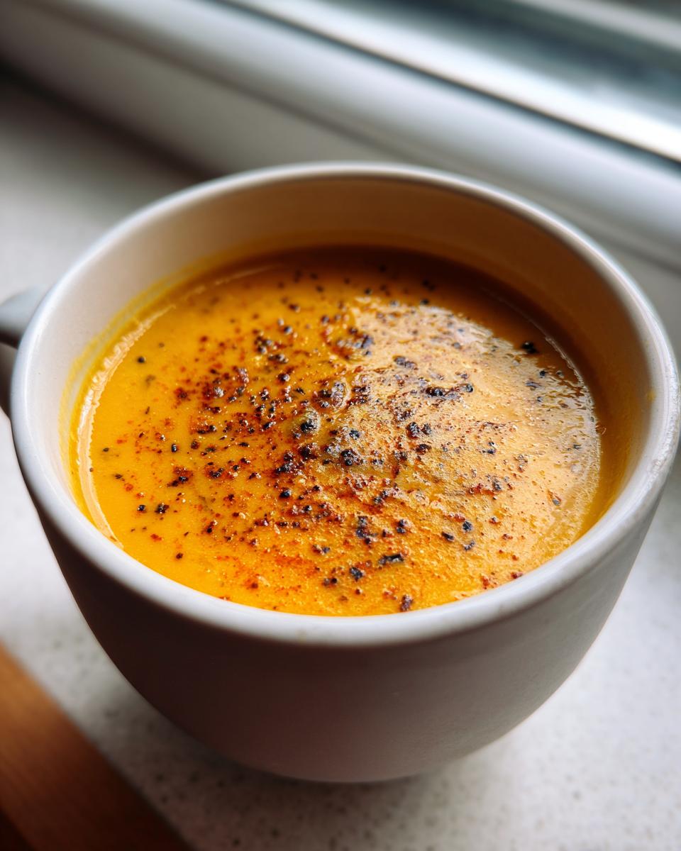 Close-up of a white bowl filled with vibrant orange roasted butternut squash soup, topped with black pepper.