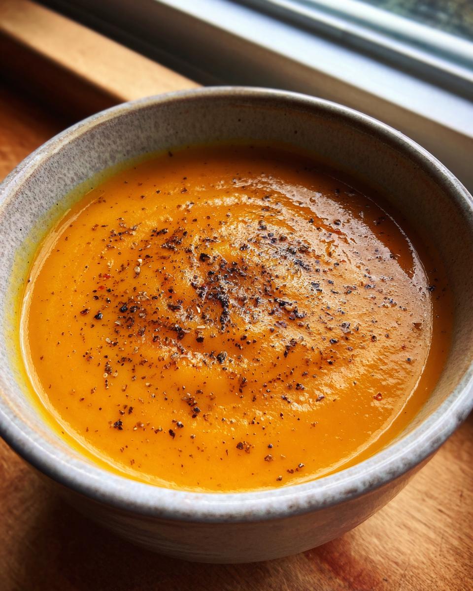 A close-up of a bowl of vibrant orange roasted butternut squash soup, generously seasoned with black pepper.