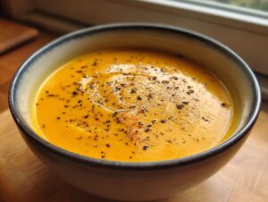 A close-up of a bowl of creamy roasted butternut squash soup, garnished with black pepper and a swirl.