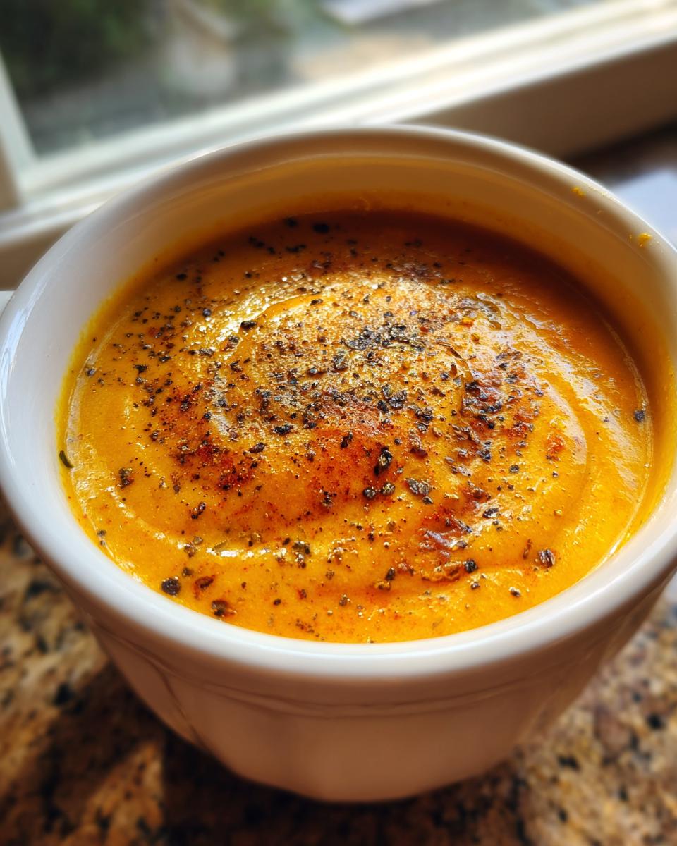 A close-up of a white bowl filled with vibrant orange roasted butternut squash soup, topped with black pepper and paprika.