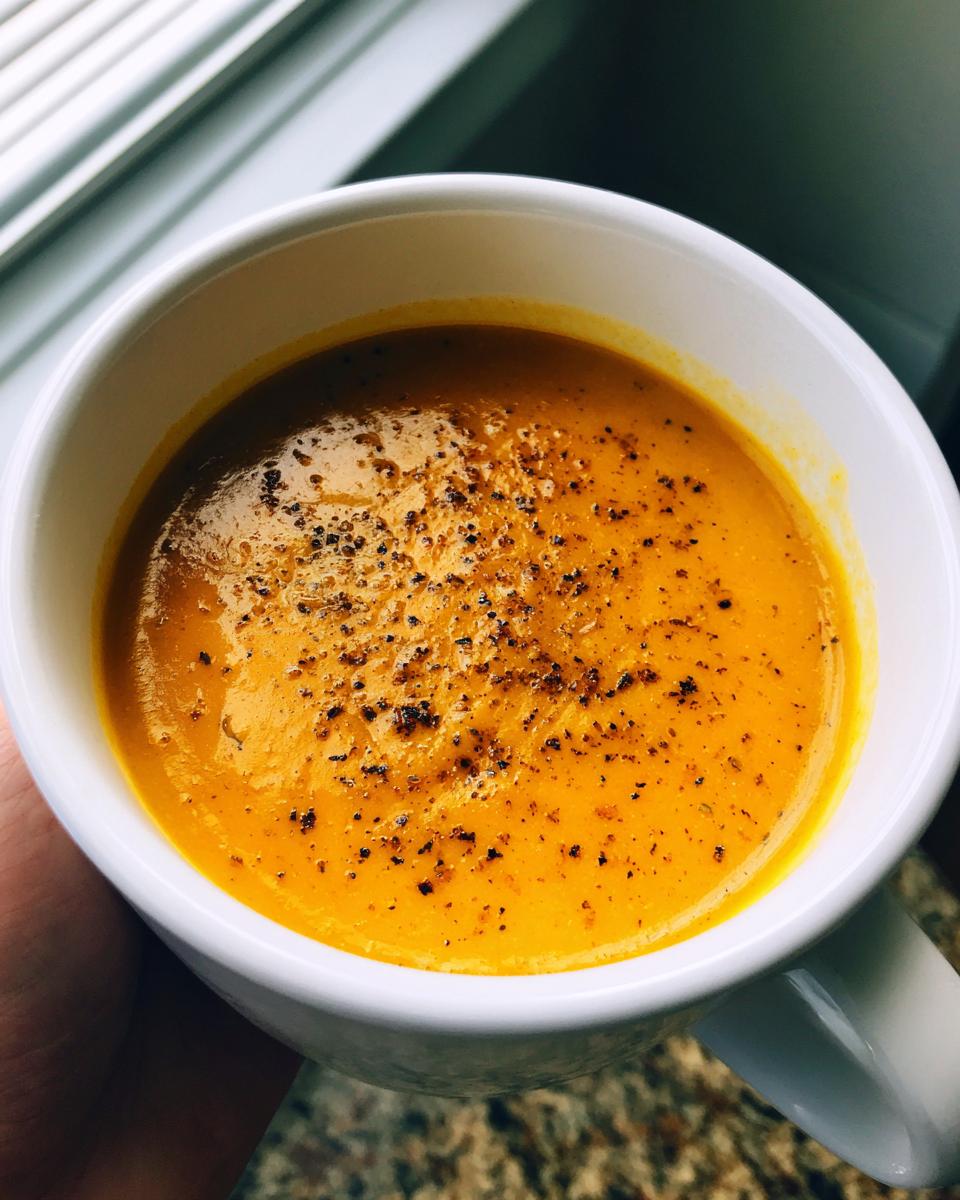 A close-up of a white mug filled with vibrant orange roasted butternut squash soup, topped with cracked black pepper.