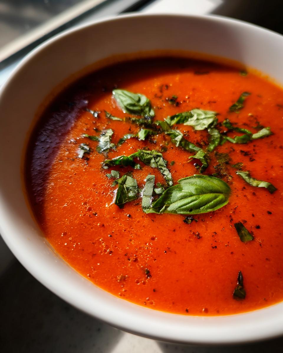 A close-up of a bowl of vibrant, creamy roasted tomato basil soup, garnished with fresh basil leaves and black pepper.