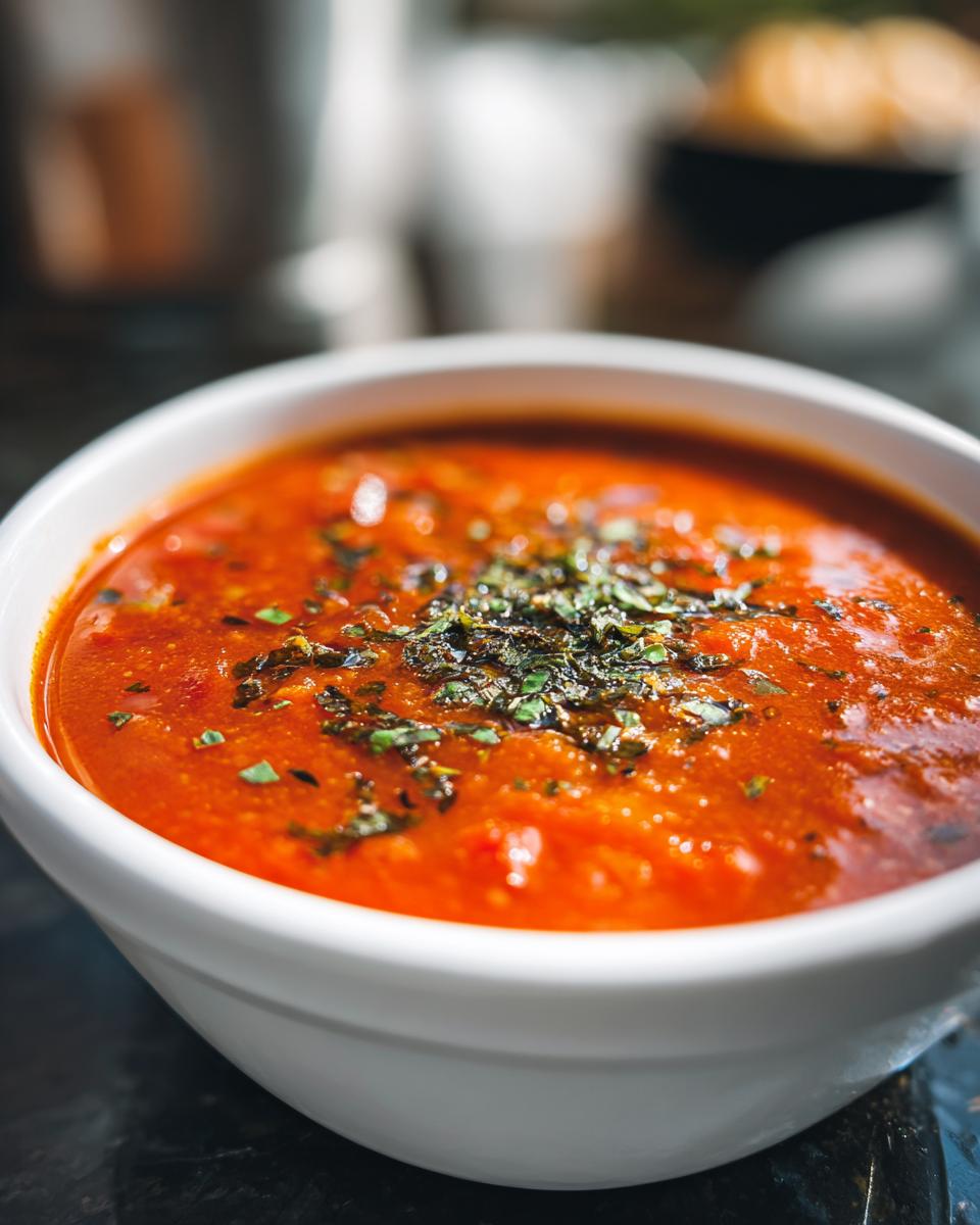 A close-up of a white bowl filled with vibrant Roasted Tomato Basil Soup, garnished with fresh herbs.