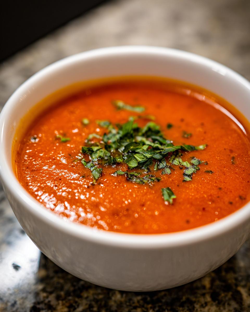 A close-up of a white bowl filled with vibrant Roasted Tomato Basil Soup, garnished with fresh basil.