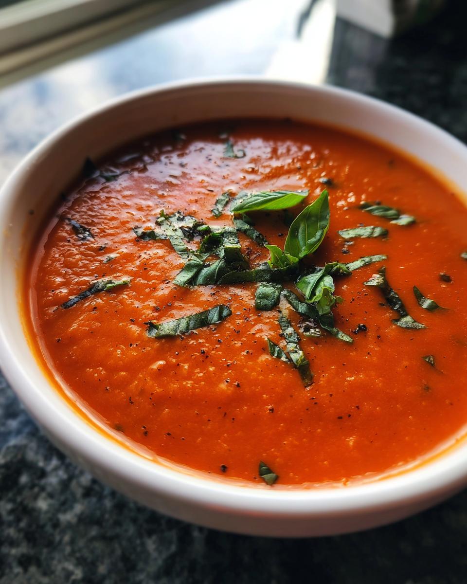 A close-up of a bowl of vibrant Roasted Tomato Basil Soup, garnished with fresh basil leaves and black pepper.