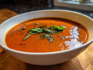 A close-up of a white bowl filled with vibrant Roasted Tomato Basil Soup, garnished with fresh basil leaves.