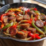 Close-up of a sizzling sausage and peppers skillet with colorful bell peppers and onions.