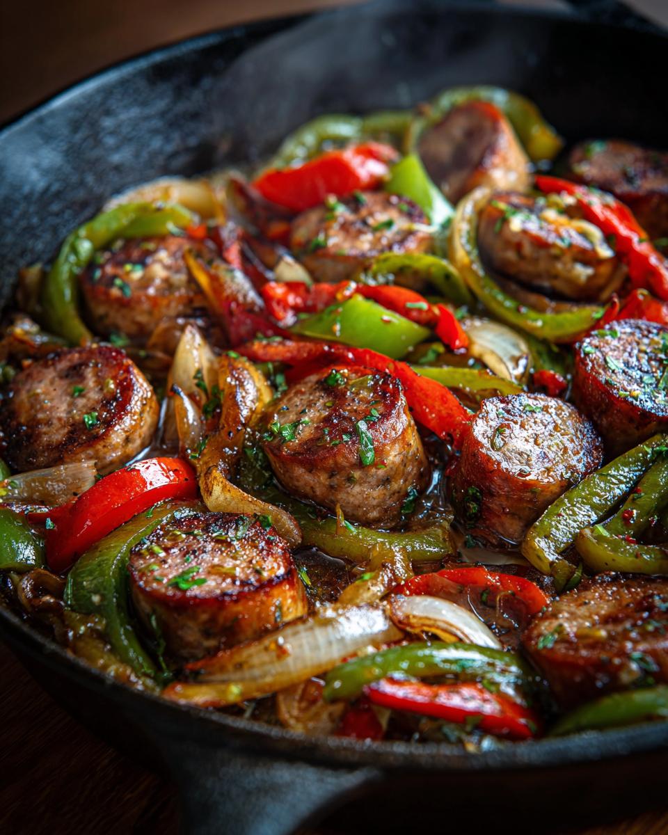Close-up of a cast iron skillet filled with sausage and peppers, glistening and garnished with herbs.
