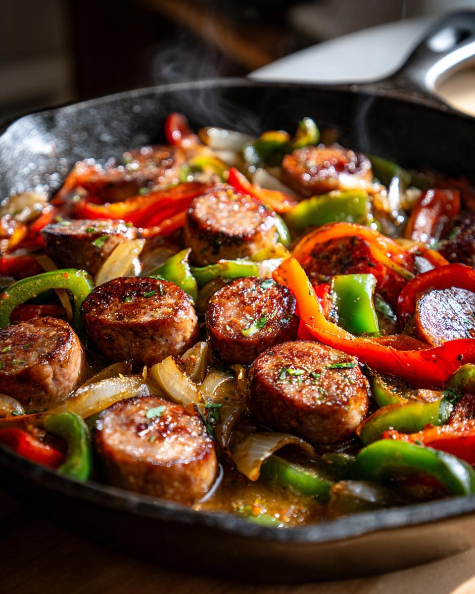 Close-up of a sizzling sausage and peppers skillet with onions and herbs, ready to serve.