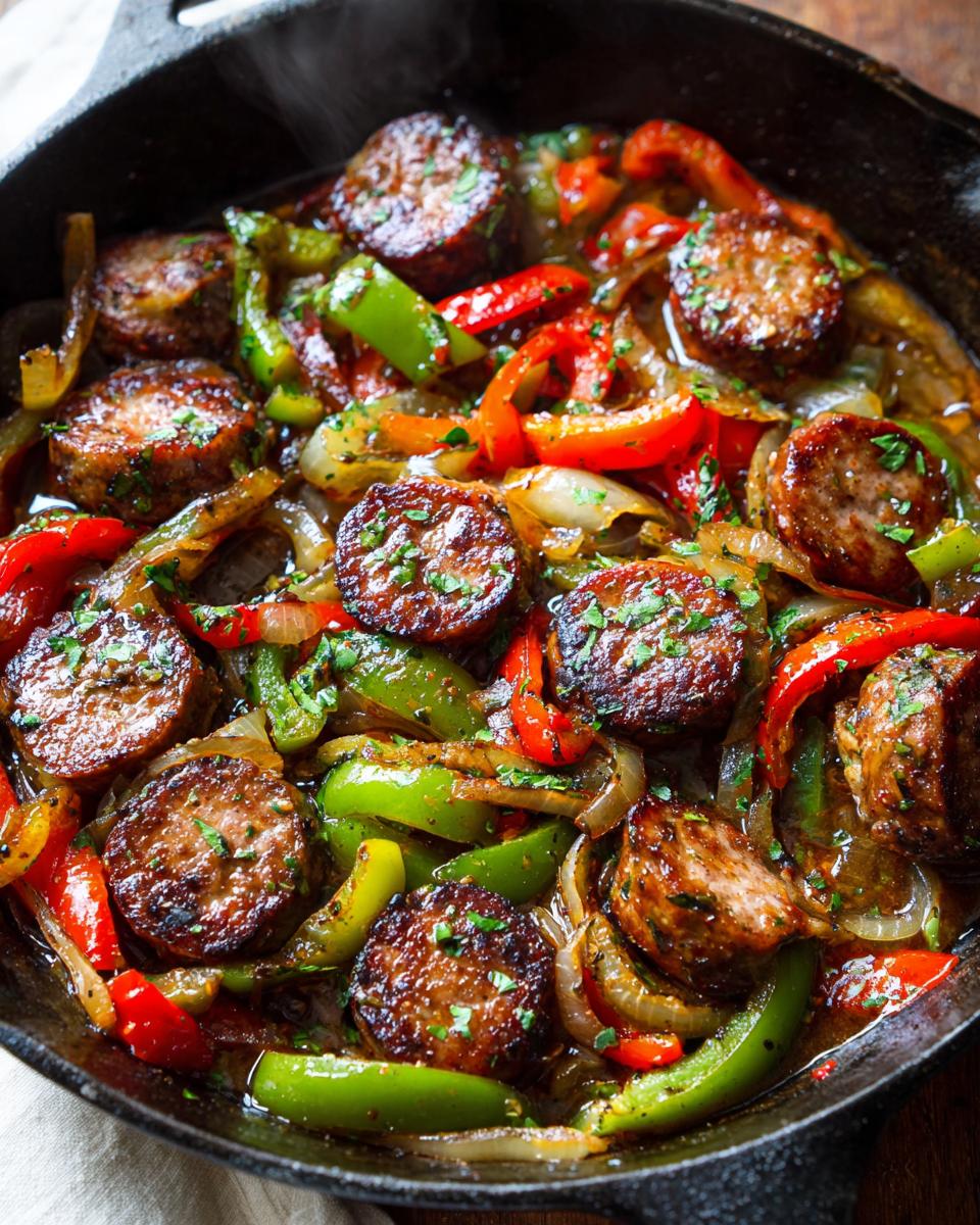 Close-up of a sizzling sausage and peppers skillet with sliced Italian sausage, red and green bell peppers, and onions.