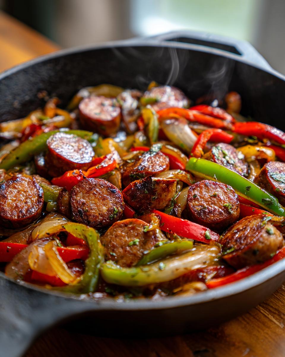Close-up of a sizzling sausage and peppers skillet with colorful bell peppers and onions, garnished with herbs.