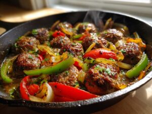 Close-up of a sizzling sausage and peppers skillet with meatballs, onions, and bell peppers.