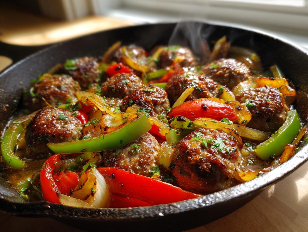 Close-up of a sizzling sausage and peppers skillet with meatballs, onions, and bell peppers.