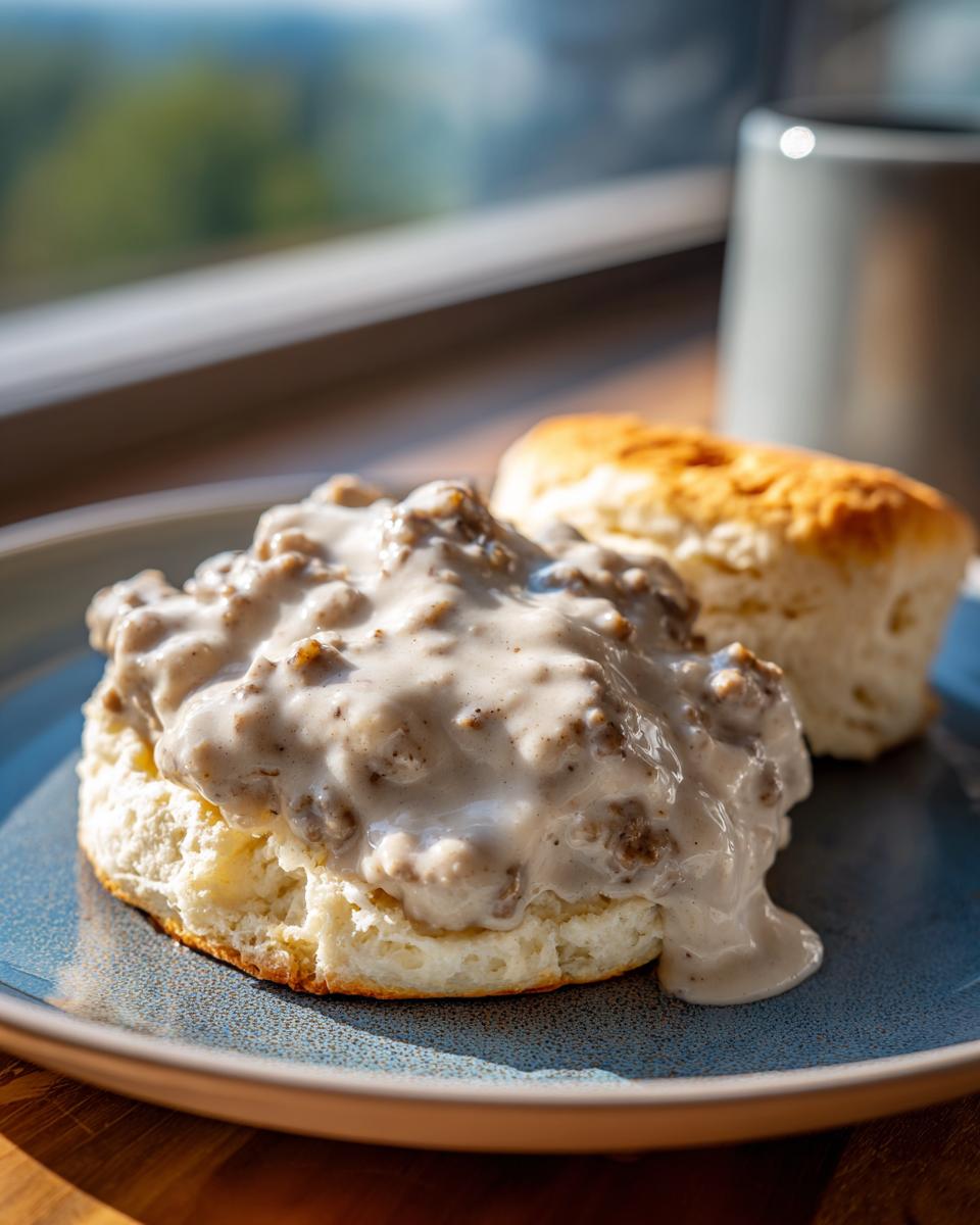 Close-up of a fluffy biscuit generously topped with creamy sausage gravy, with another biscuit in the background.
