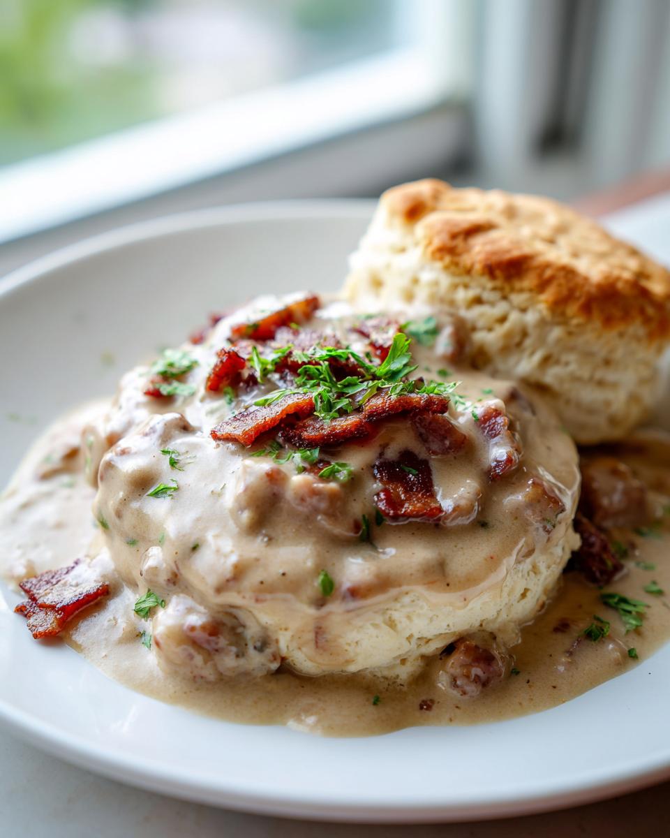 Close-up of fluffy biscuits smothered in creamy sausage gravy and topped with crispy bacon and parsley.