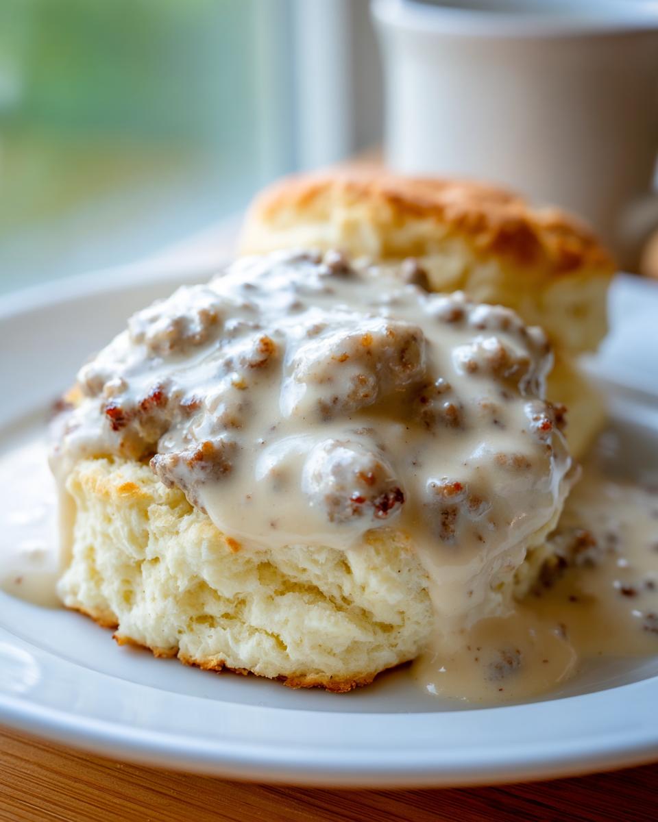 Close-up of fluffy biscuits topped with creamy sausage gravy, a comforting breakfast dish.