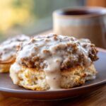 Close-up of fluffy biscuits topped with creamy sausage gravy, a comforting breakfast dish.