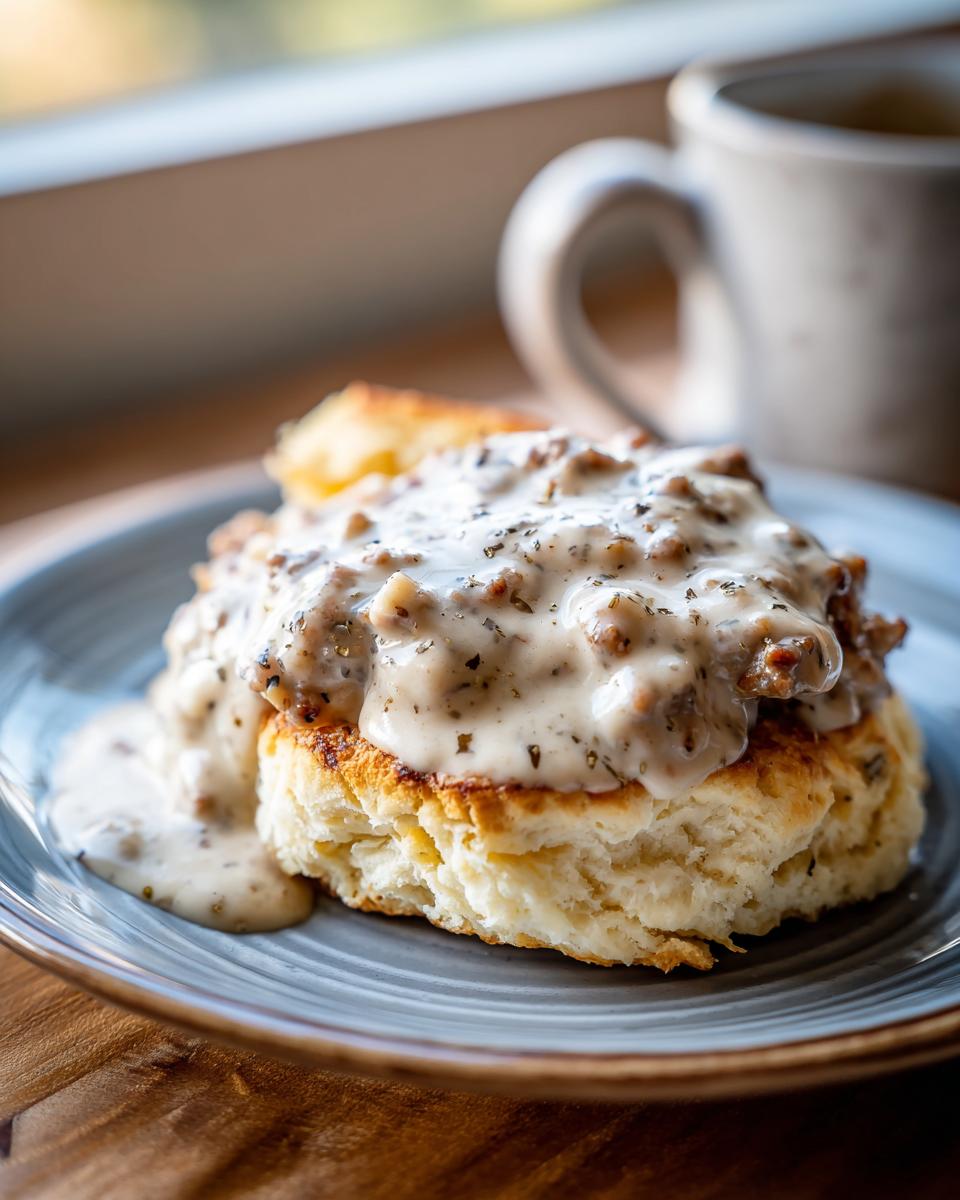 Close-up of fluffy biscuits topped with creamy sausage gravy and herbs, a classic comfort food.