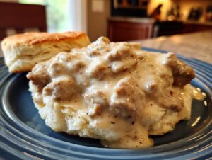 Close-up of creamy sausage gravy generously poured over a fluffy biscuit, with another biscuit in the background.