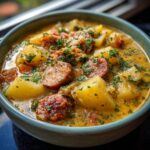 A close-up of a bowl filled with sausage potato soup, featuring chunks of sausage, potatoes, and fresh parsley.