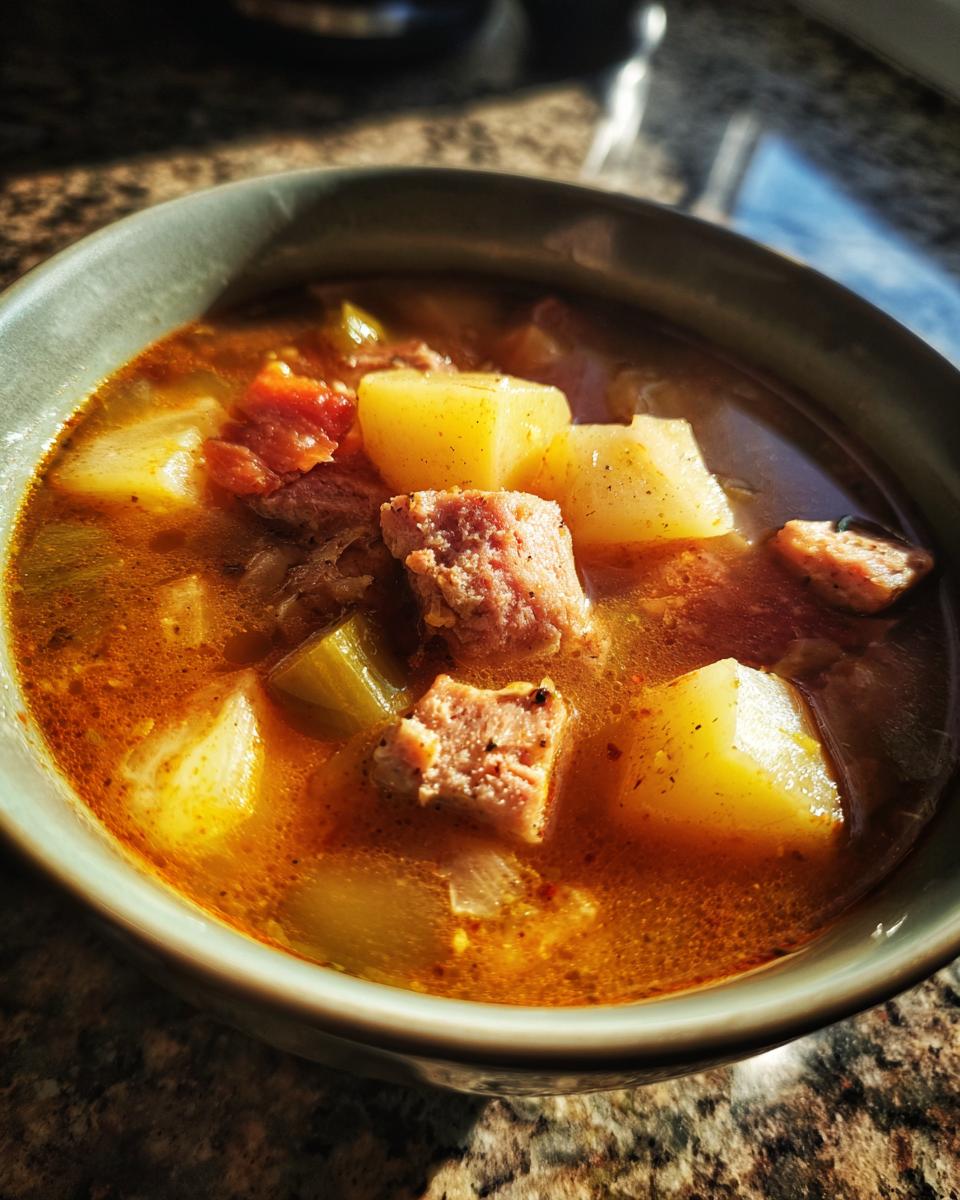 A close-up of a bowl of sausage potato soup, featuring chunks of sausage, potatoes, and broth.