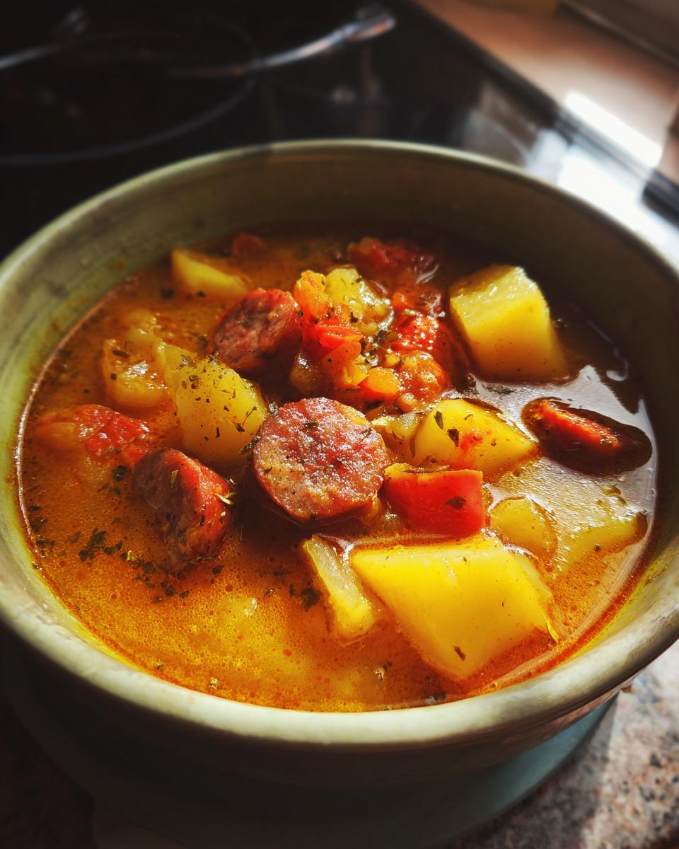 Close-up of a bowl filled with delicious sausage potato soup, featuring chunks of sausage, potatoes, and tomatoes.