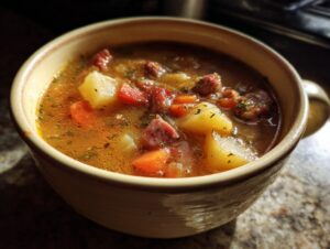 A close-up of a rustic bowl filled with delicious sausage potato soup, featuring chunks of sausage, potatoes, and carrots.