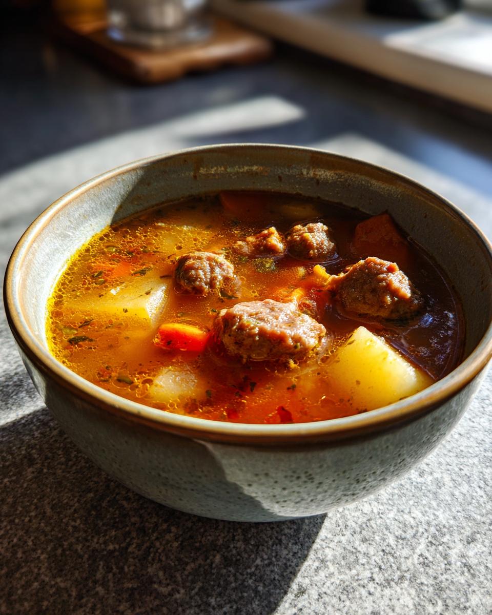 Close-up of a bowl filled with delicious sausage potato soup, featuring meatballs, potato chunks, and carrots in a rich broth.