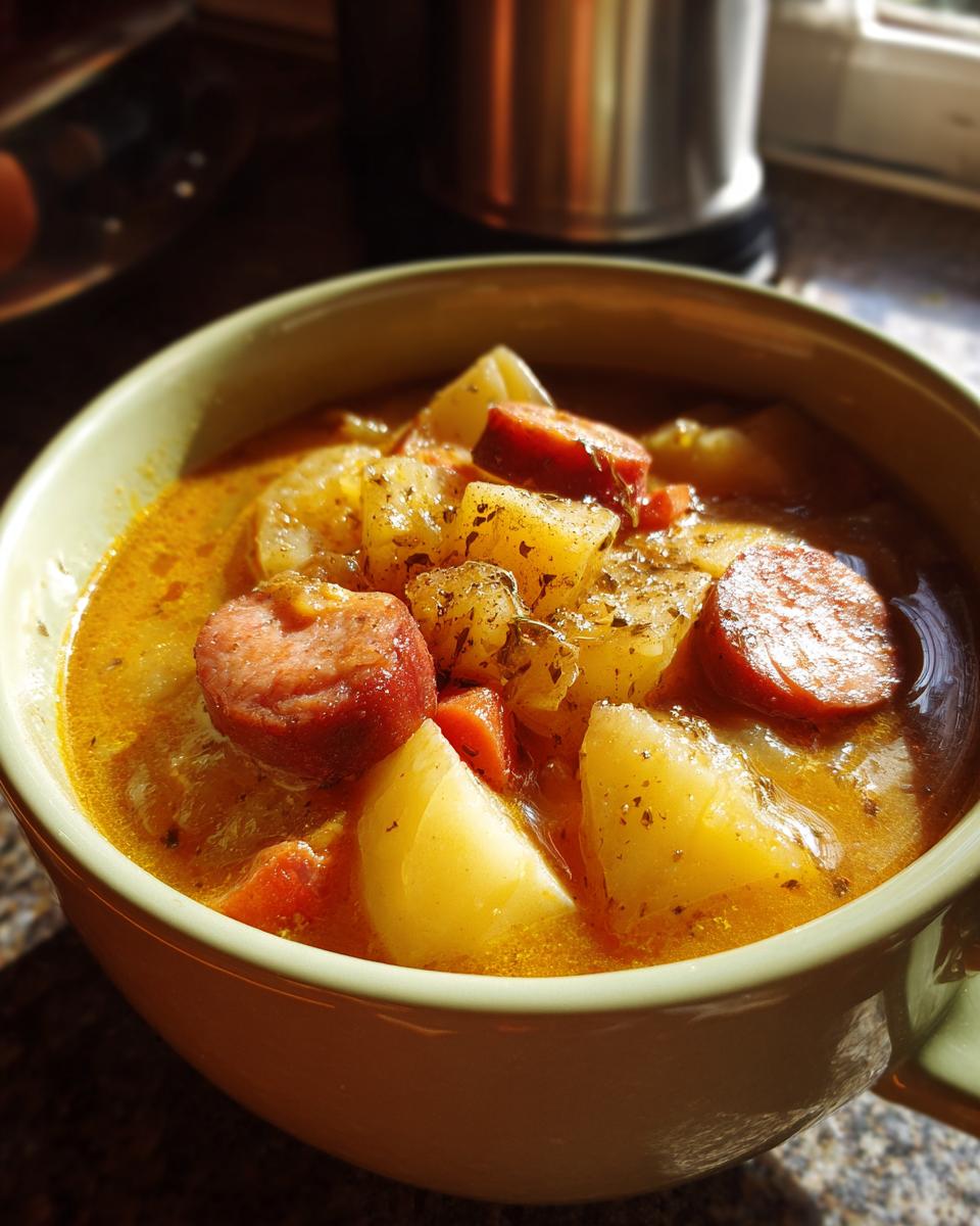 A close-up of a bowl filled with delicious sausage potato soup, featuring chunks of sausage, potatoes, and carrots.