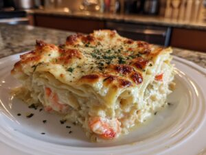 A generous slice of seafood lasagna featuring shrimp and crab, topped with melted cheese and herbs.