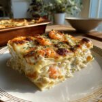 A generous slice of seafood lasagna with shrimp and crab, layered with pasta, creamy sauce, and topped with melted cheese and herbs.