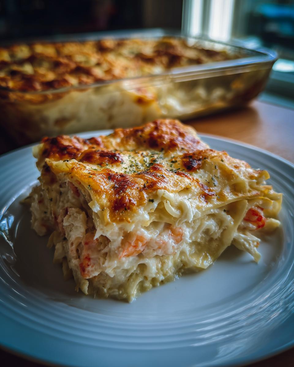 A generous slice of seafood lasagna with shrimp and crab, layered with pasta and creamy sauce, topped with golden-brown cheese.