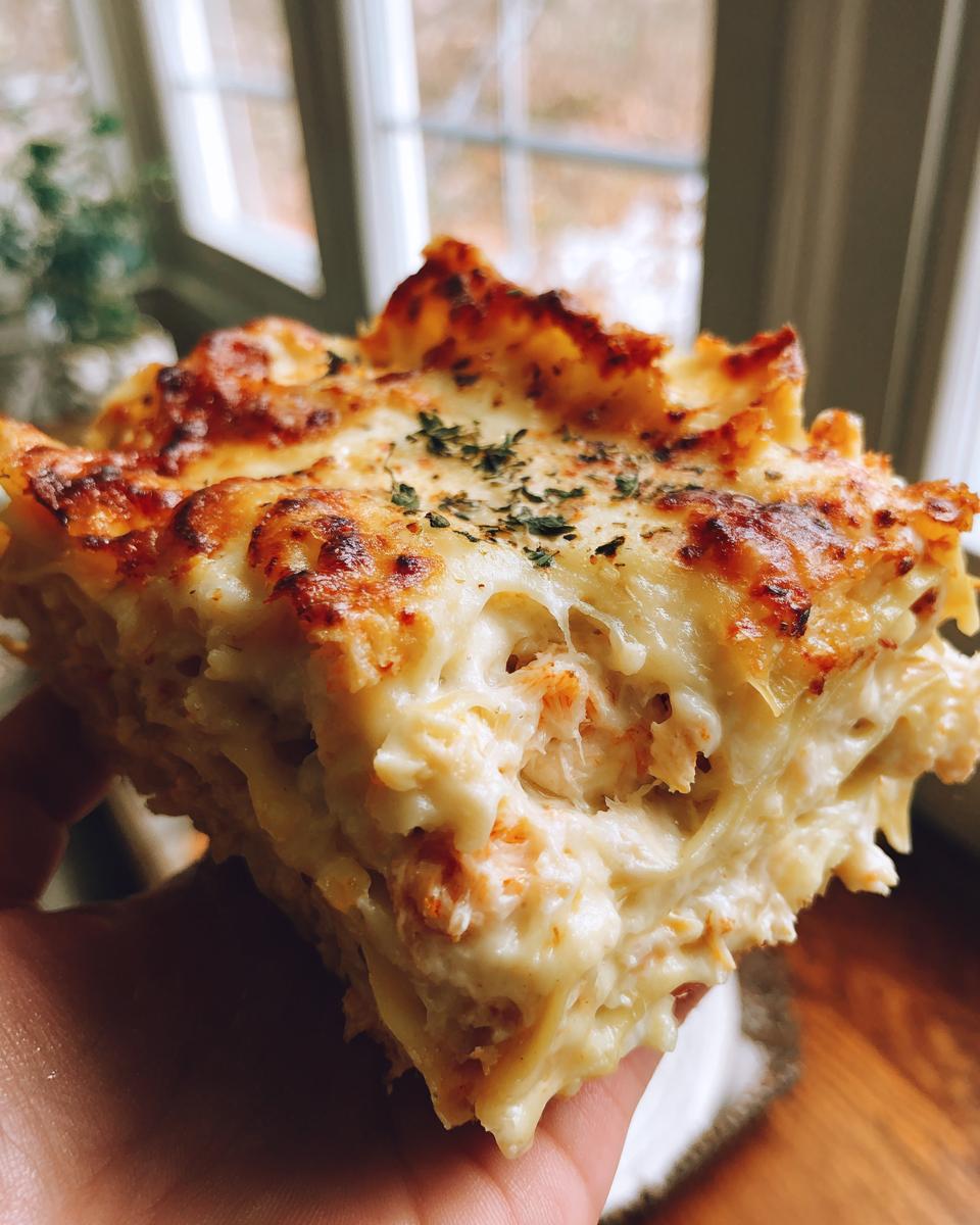 A slice of delicious seafood lasagna with shrimp and crab, topped with melted cheese and herbs.