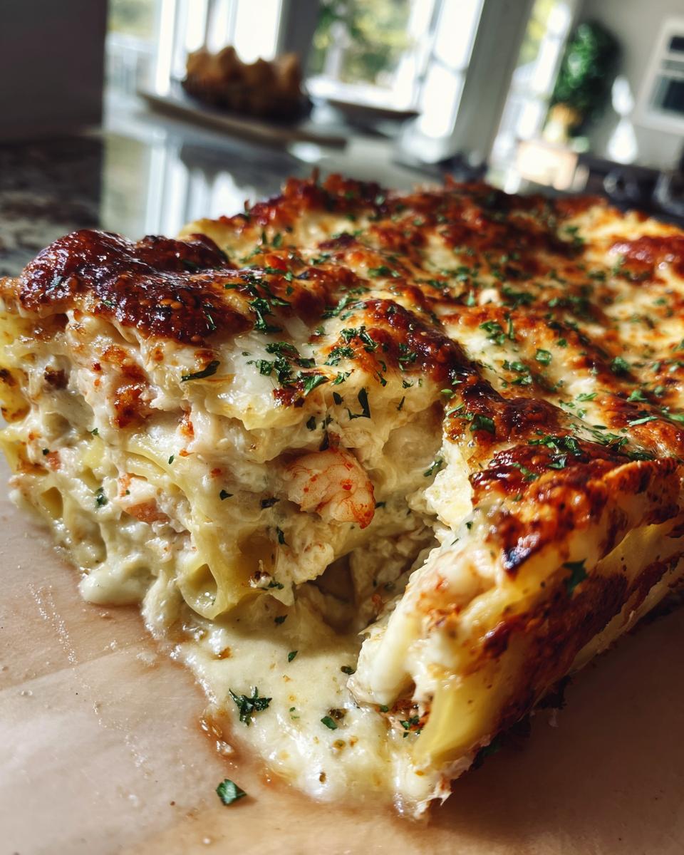 A close-up of a slice of seafood lasagna with shrimp and crab, showing layers of pasta, creamy sauce, and melted cheese.