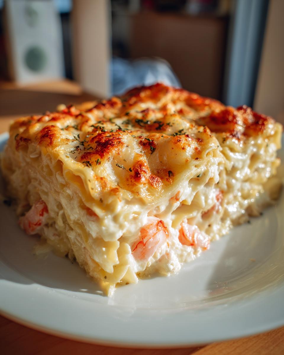 A generous slice of seafood lasagna with shrimp and crab, layered with pasta and creamy sauce, topped with melted cheese.