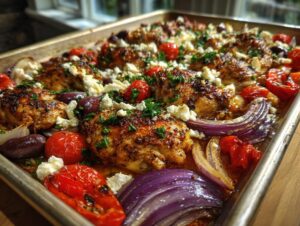A close-up view of a sheet pan filled with golden-brown Mediterranean chicken, roasted tomatoes, red onions, Kalamata olives, and crumbled feta cheese.