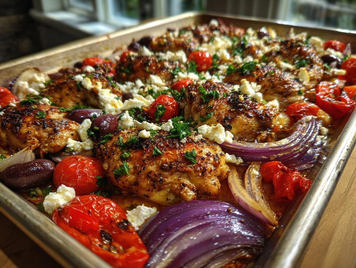 A close-up view of a sheet pan filled with golden-brown Mediterranean chicken, roasted tomatoes, red onions, Kalamata olives, and crumbled feta cheese.
