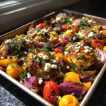 A close-up of a sheet pan filled with Sheet Pan Mediterranean Chicken, roasted vegetables, olives, and feta cheese.