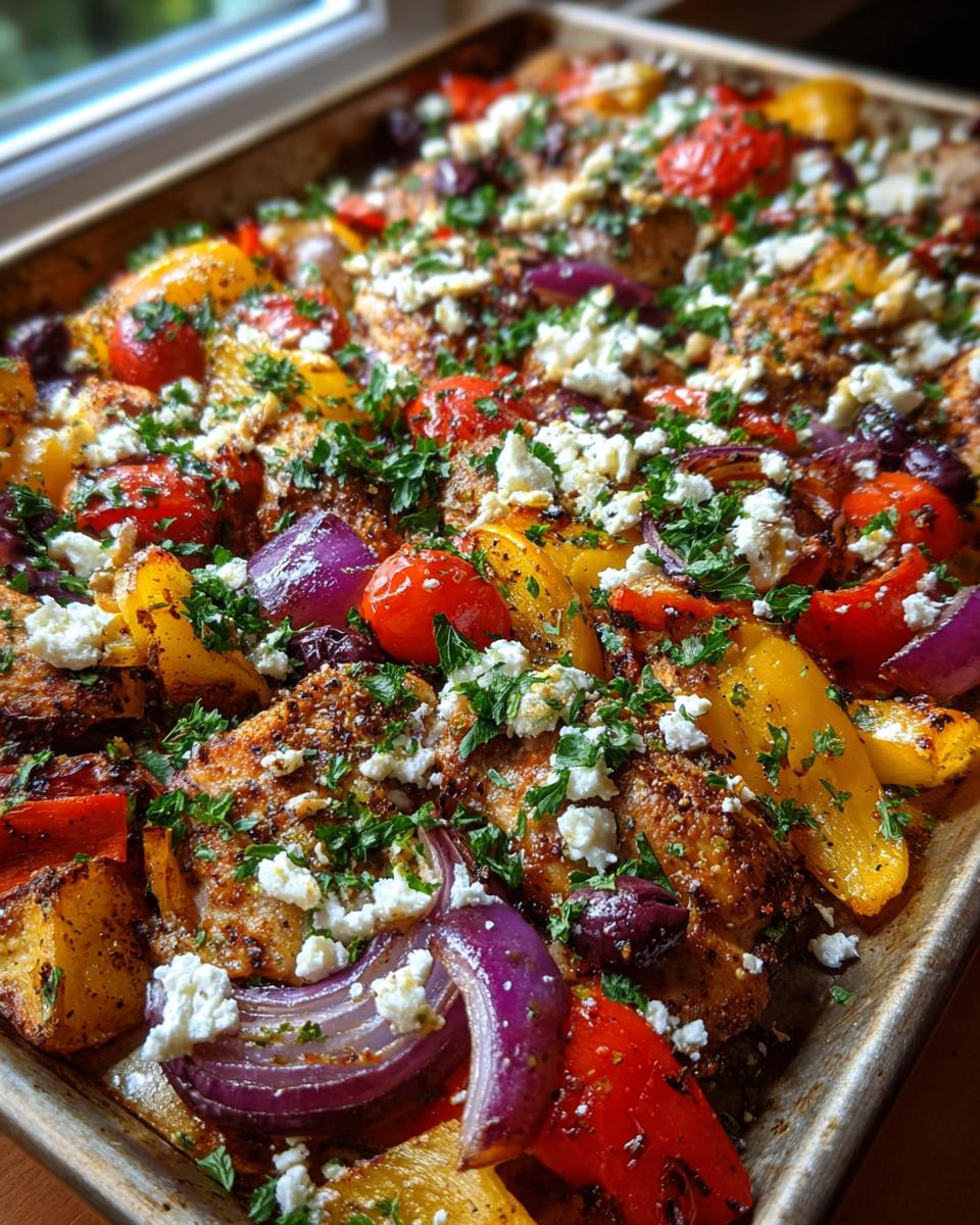 Close-up of a sheet pan filled with Sheet Pan Mediterranean Chicken, colorful bell peppers, red onion, cherry tomatoes, olives, and feta cheese.